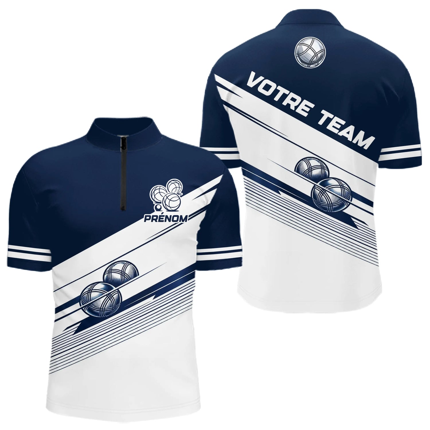 Polo Compétition Équipe Pétanque - Personnalisé Bleu & Blanc - Polo Zippé Homme
