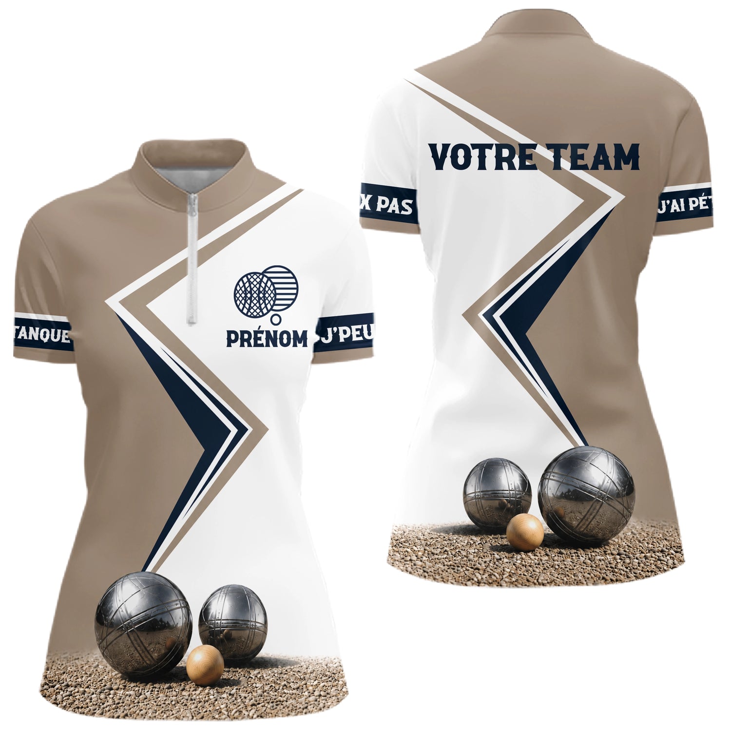 Polo Concours Pétanque Personnalisé - Équipe Beige & Bleu Navy - Polo Zippé Femme