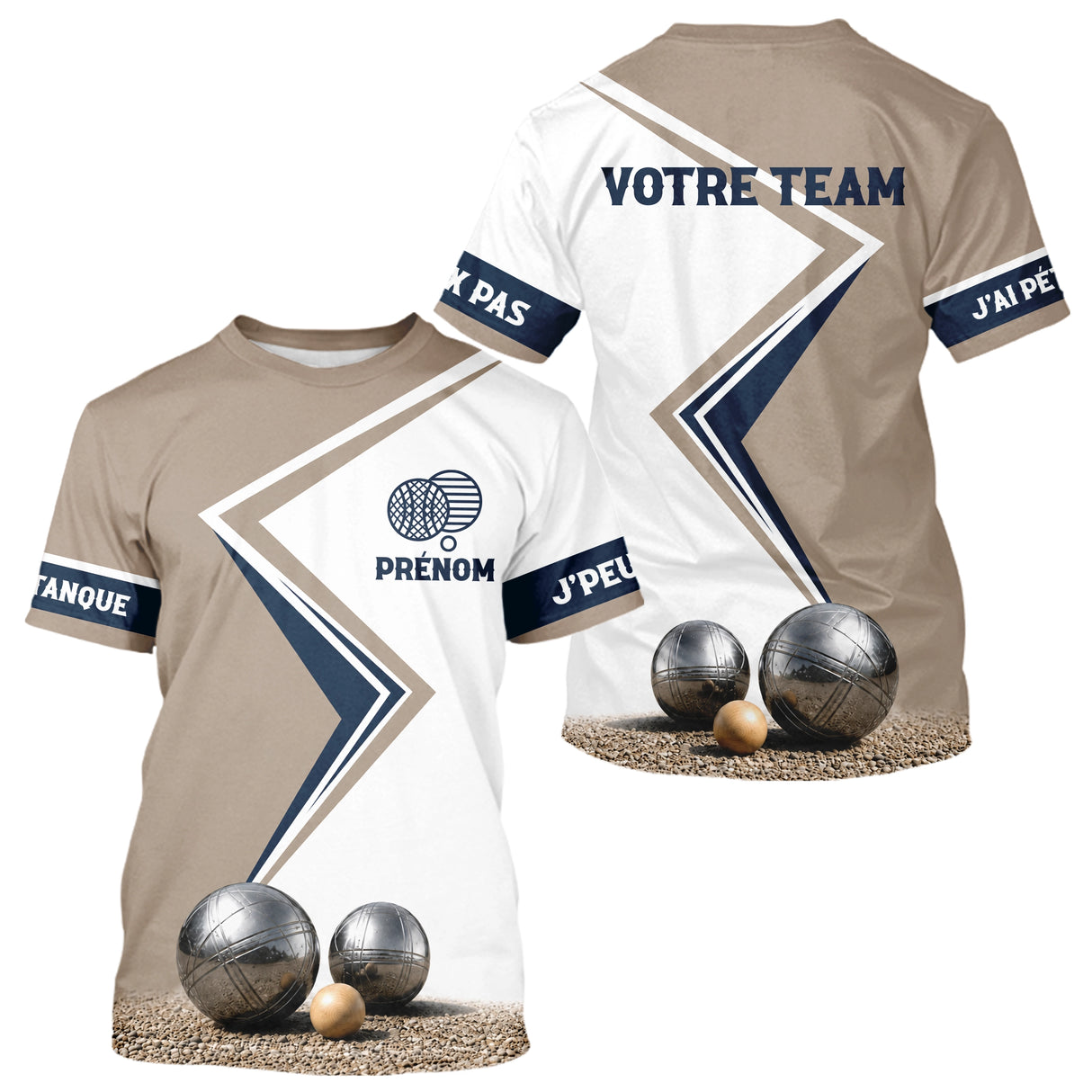 Polo Concours Pétanque Personnalisé - Équipe Beige & Bleu Navy - T-Shirt Homme