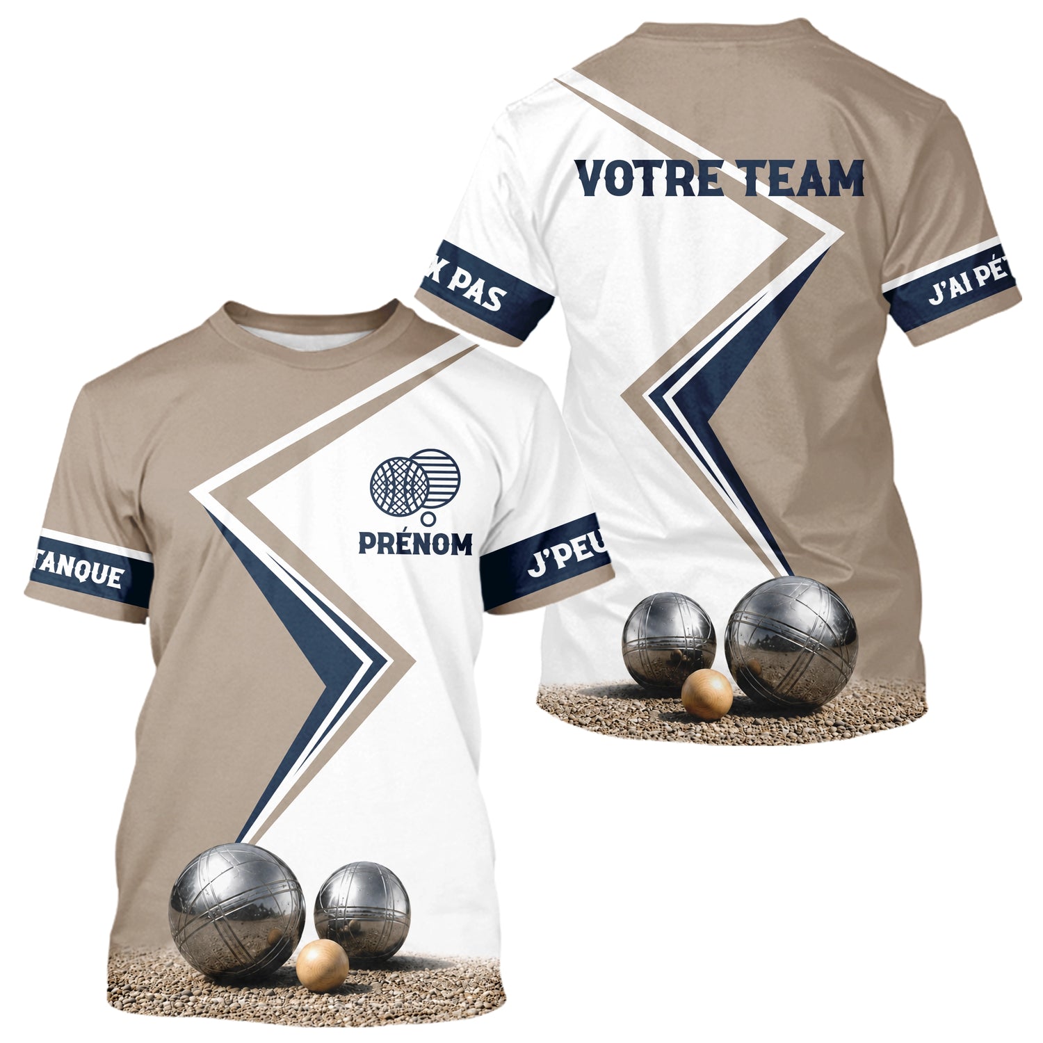 Polo Concours Pétanque Personnalisé - Équipe Beige & Bleu Navy - T-Shirt Homme