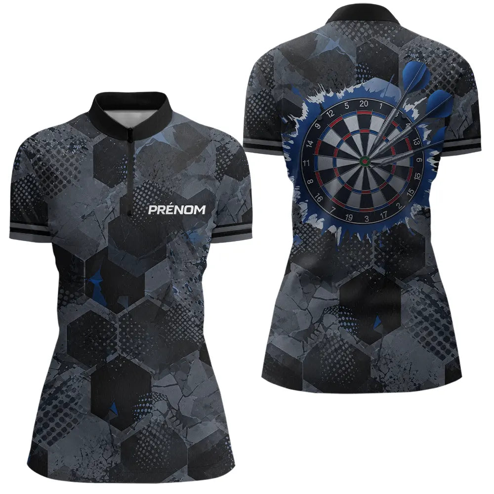 Polo Darts Bleu & Gris Hexagone - Homem Femme Personnalisé - Polo Zippé Femme