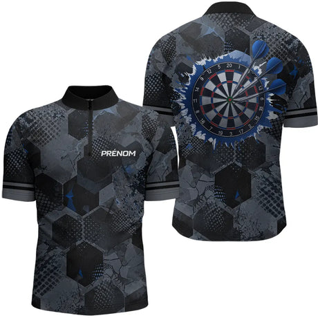 Polo Darts Bleu & Gris Hexagone - Homem Femme Personnalisé - Polo Zippé Homme