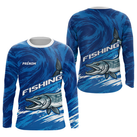 Polo De Pêche Brochet Personnalisé – Motif Carnassier Bleu - Long Sleeves Homme