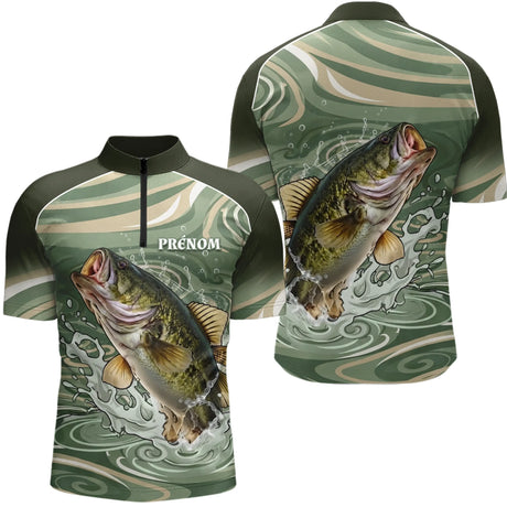 Polo De Pêche Personnalisé - Motif Bass Vert - Polo Zippé Homme
