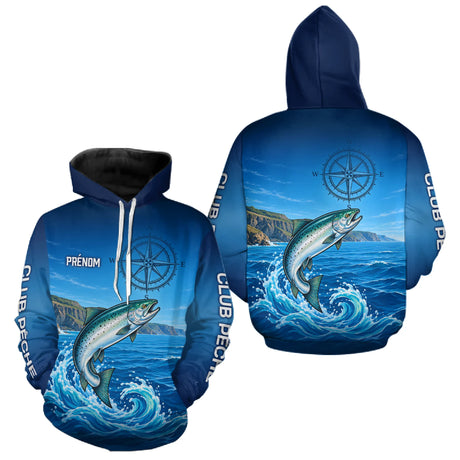 Polo De Pêche Personnalisé Bleu Océan - Motif Saumon- Hoodie Homme