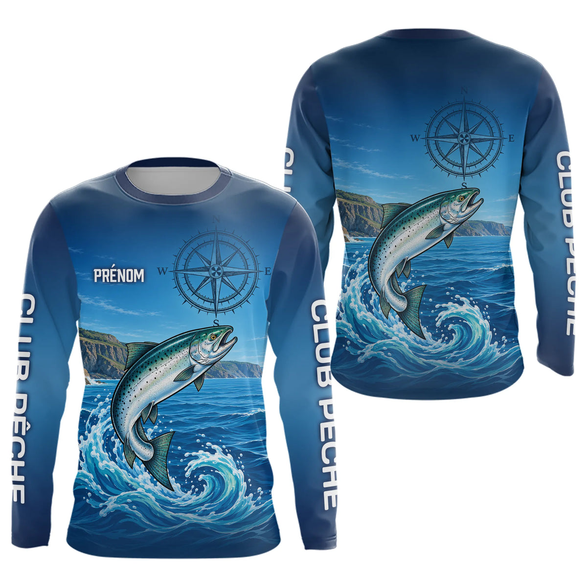 Polo De Pêche Personnalisé Bleu Océan - Motif Saumon- Long Sleeves Homme