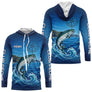 Polo De Pêche Personnalisé Bleu Océan - Motif Saumon- Long Sleeves Hoodie Homme