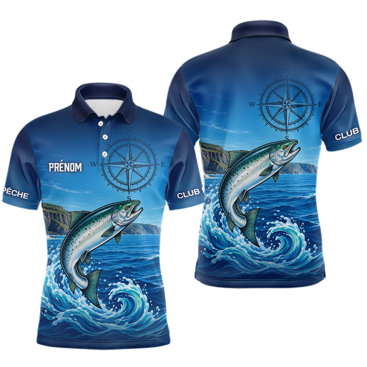 Polo De Pêche Personnalisé Bleu Océan - Motif Saumon- Polo Homme