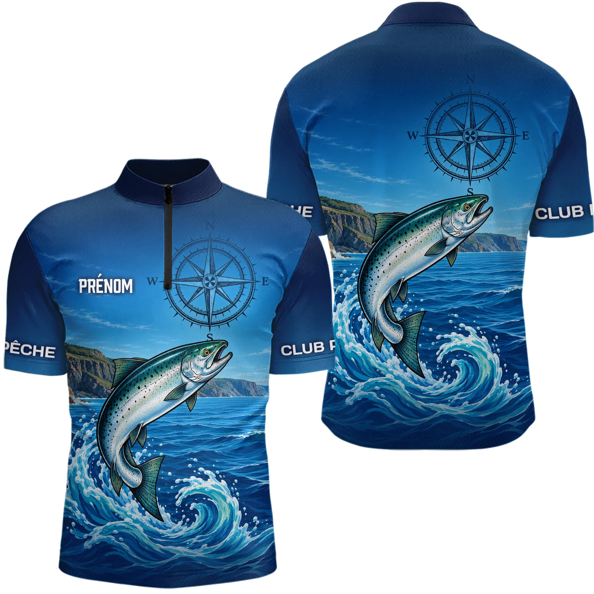 Polo De Pêche Personnalisé Bleu Océan - Motif Saumon- Polo Zippé Homme