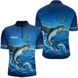 Polo De Pêche Personnalisé Bleu Océan - Motif Saumon- Polo Zippé Homme