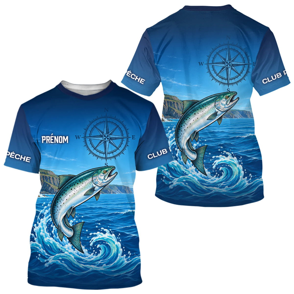 Polo De Pêche Personnalisé Bleu Océan - Motif Saumon- T-Shirt Homme