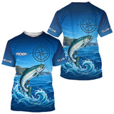 Polo De Pêche Personnalisé Bleu Océan - Motif Saumon- T-Shirt Homme