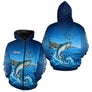 Polo De Pêche Personnalisé Bleu Océan - Motif Saumon- Zippé Hoodie Homme