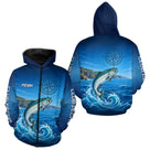 Polo De Pêche Personnalisé Bleu Océan - Motif Saumon- Zippé Hoodie Homme