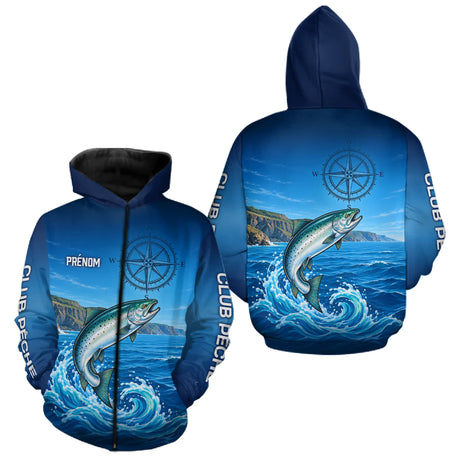 Polo De Pêche Personnalisé Bleu Océan - Motif Saumon- Zippé Hoodie Homme