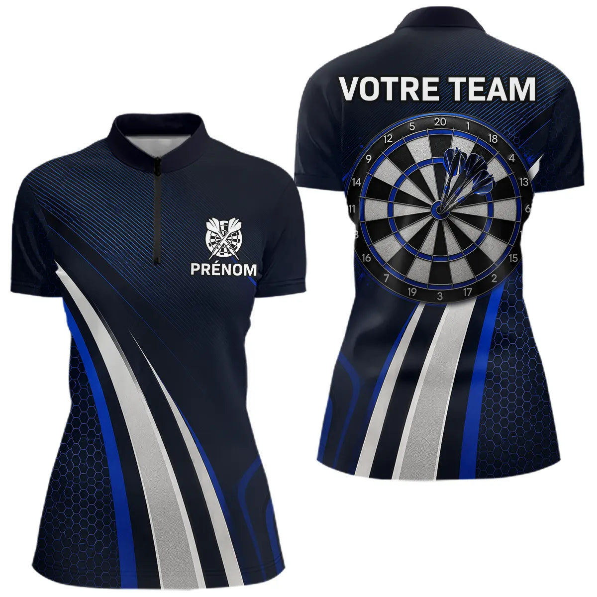 Polo Fléchette Personnalisé - Équipe Bleu & Noir - Polo Zippé Femme