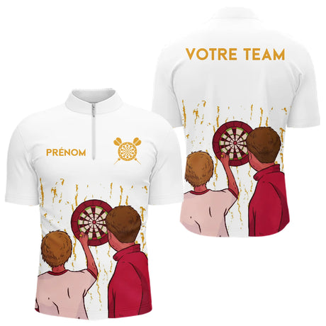 Polo Fléchette Équipe Blanc Doré - Personnalisé Joueur Cadeau - Polo Zippé Homme