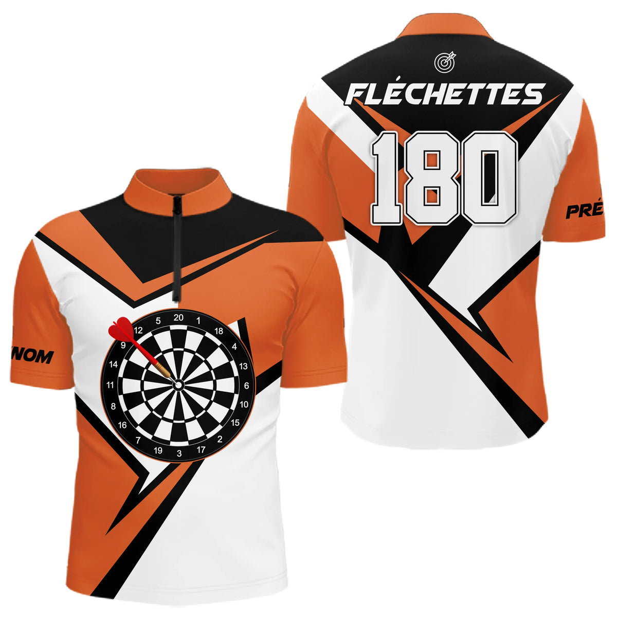 Polo Fléchettes 180 Homme Femme - Orange & Noir Personnalisé - Polo Zippé Homme