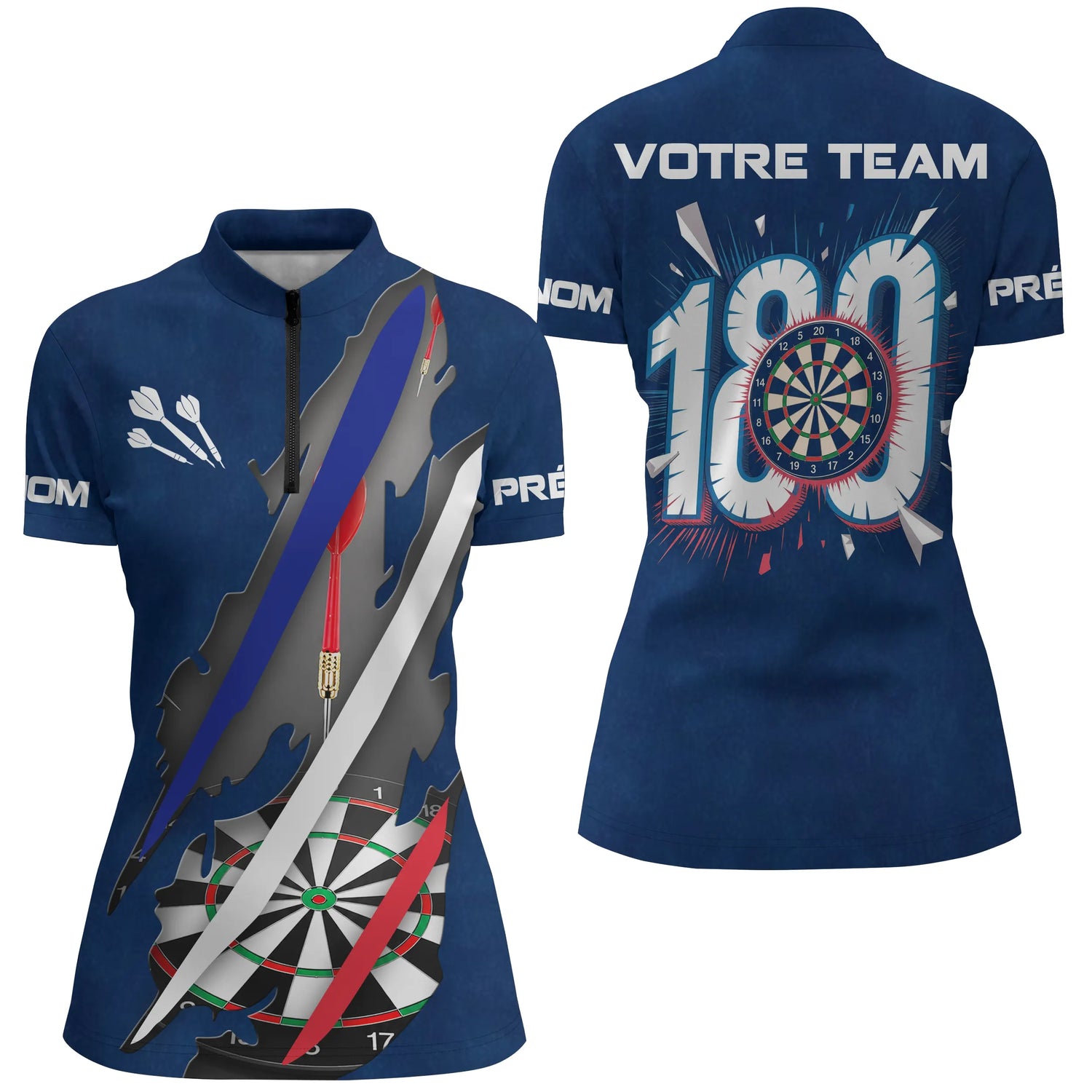 Polo Fléchettes 180 Marine - Drapeau Français Personnalisé - Polo Zippé Femme
