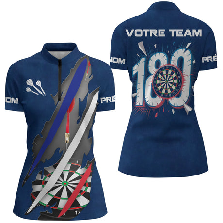 Polo Fléchettes 180 Marine - Drapeau Français Personnalisé - Polo Zippé Femme