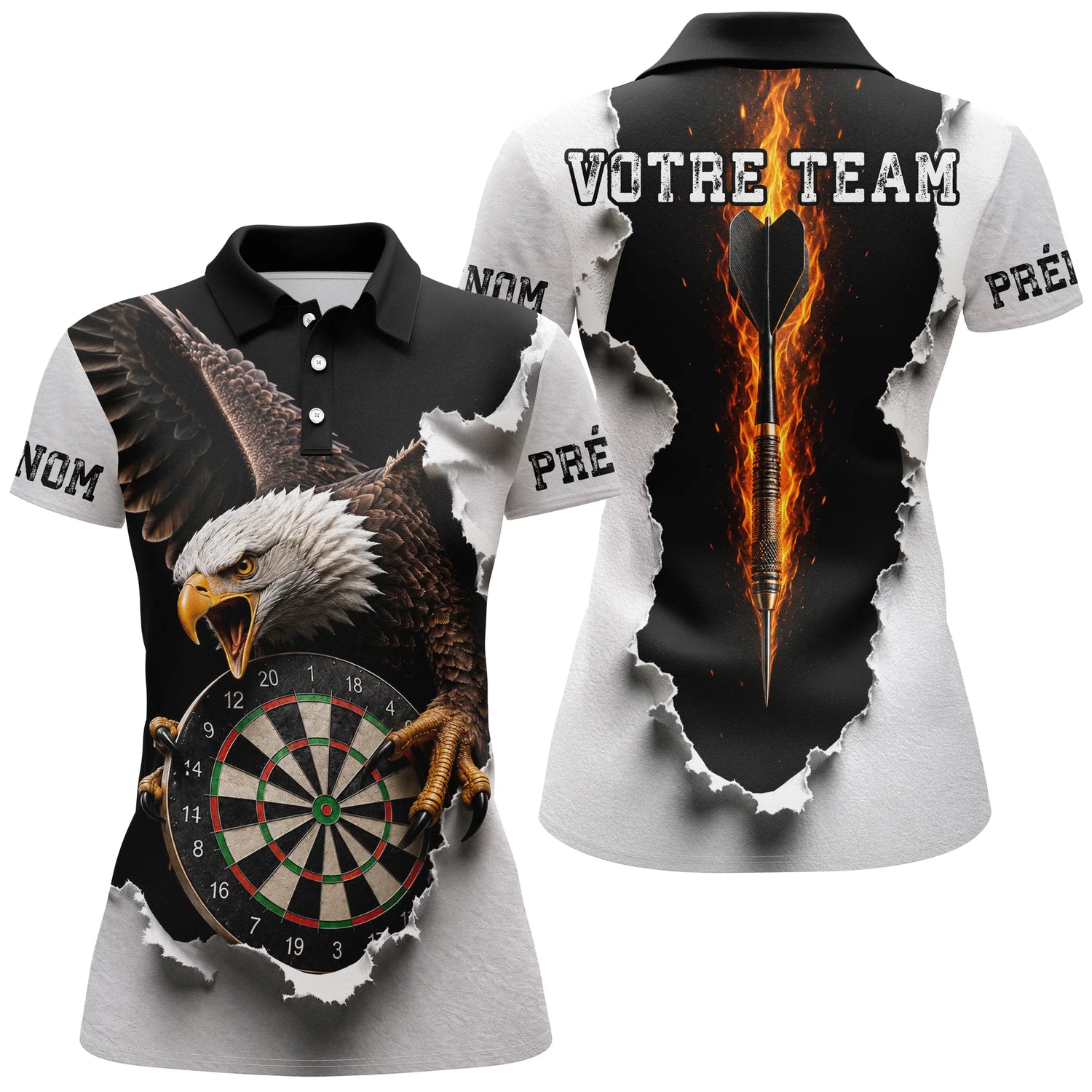 Polo Fléchettes Aigle & Flammes - Noir & Blanc Personnalisé - Polo Femme