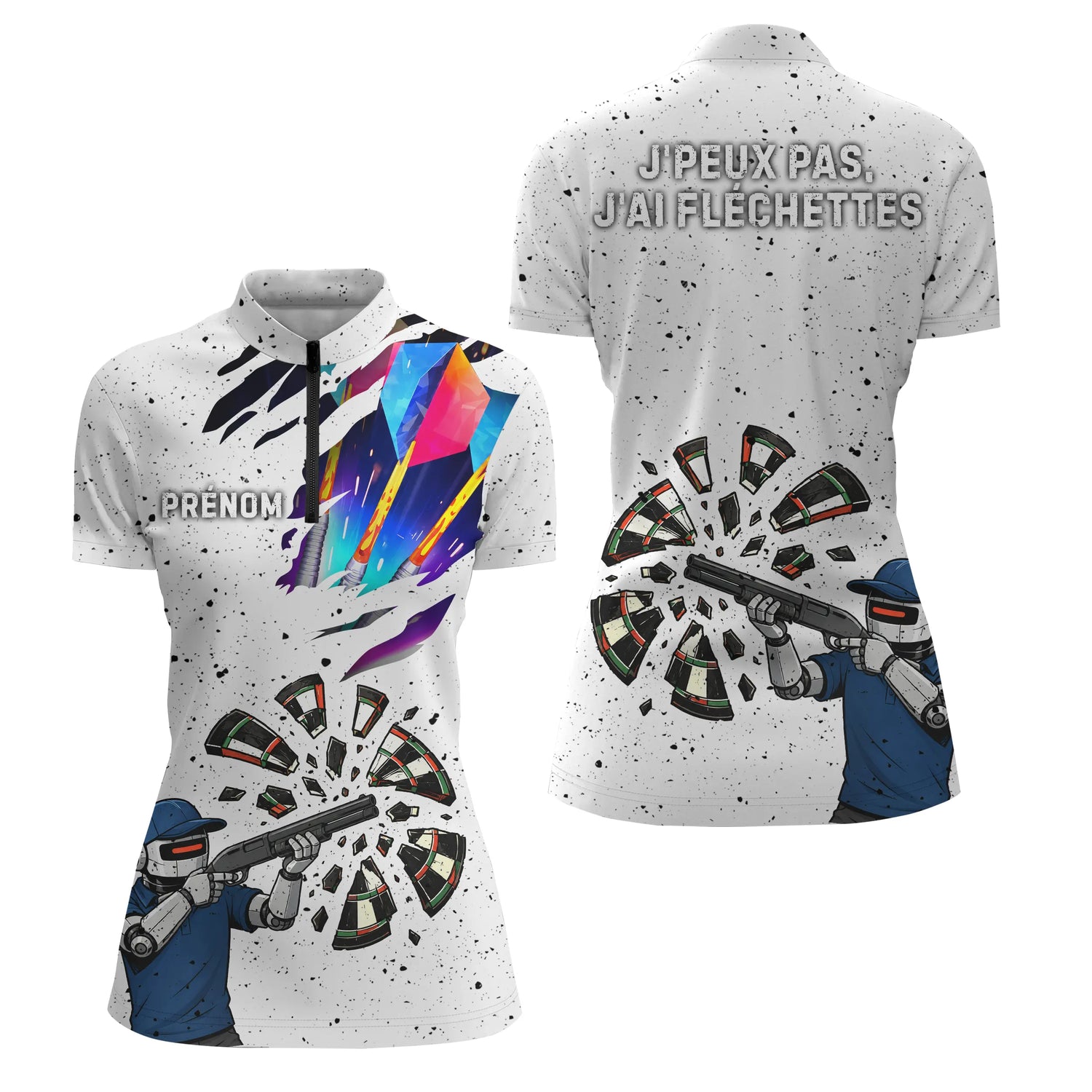 Polo Fléchettes Blanc - Robot Cible Brisée - Polo Zippé Femme