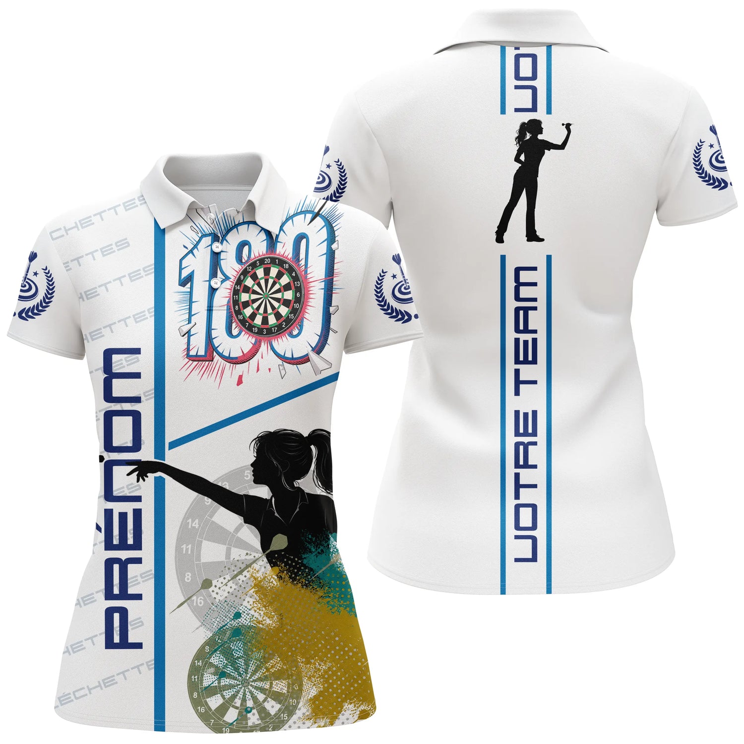 Polo Fléchettes Blanc & Bleu – Score 180 Personnalisé - Polo Femme