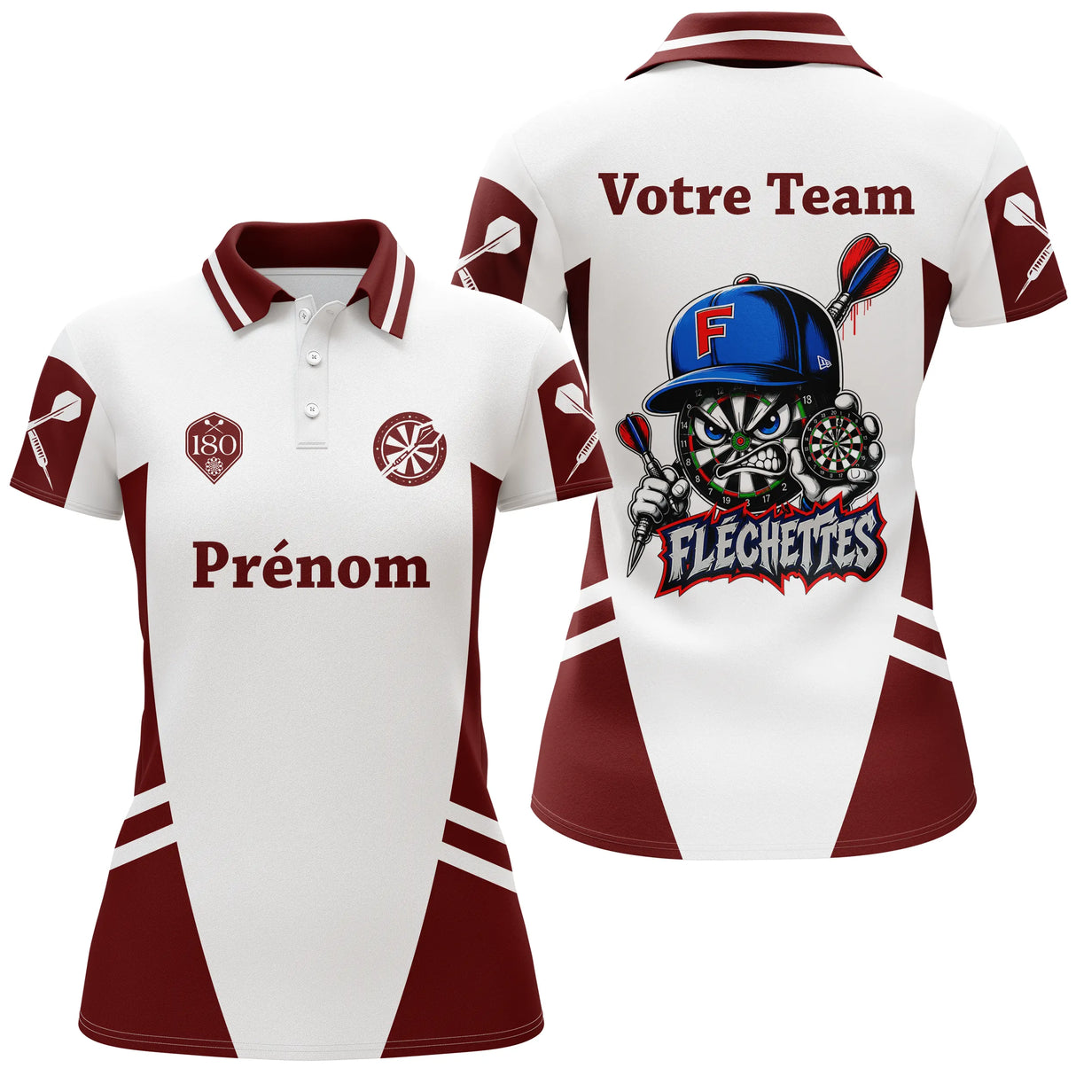 Polo Fléchettes Blanc Bordeaux - Personnalisé Mascotte 180 - Polo Femme