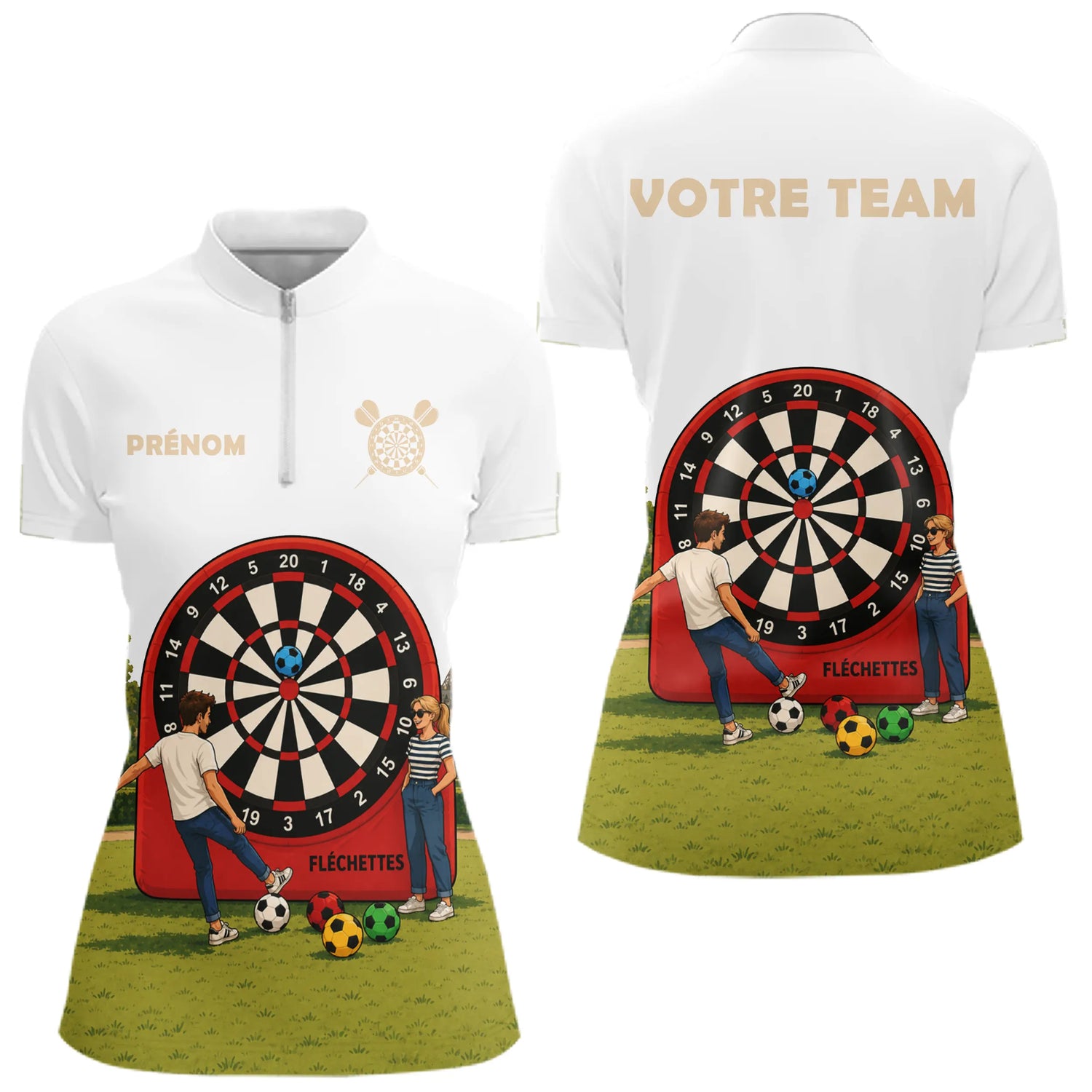 Polo Fléchettes Blanc Cible - Drapeau France Personnalisé - Polo Zippé Femme