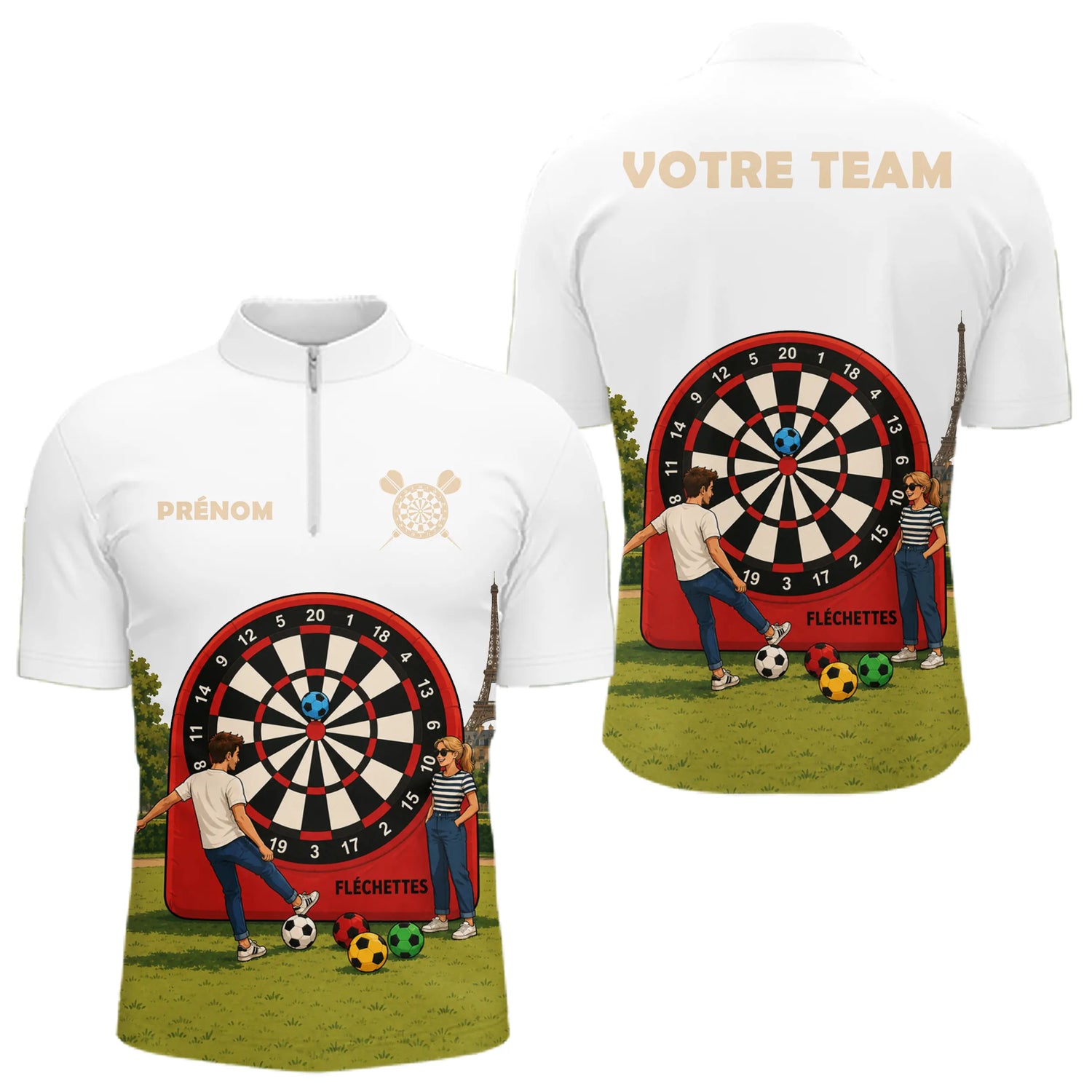 Polo Fléchettes Blanc Cible - Drapeau France Personnalisé - Polo Zippé Homme 