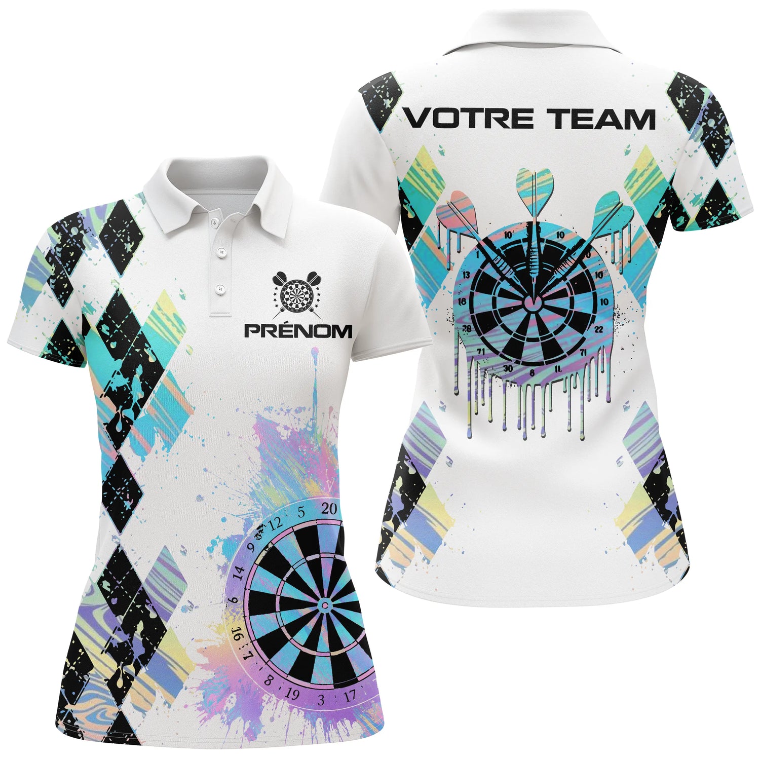 Polo Fléchettes Blanc – Cible Artistique & Motif Arlequin - Polo Femme