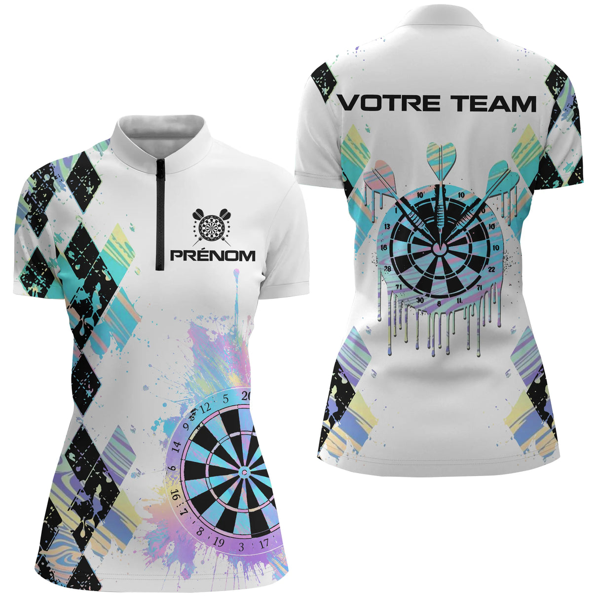 Polo Fléchettes Blanc – Cible Artistique & Motif Arlequin - Polo Zippé Femme