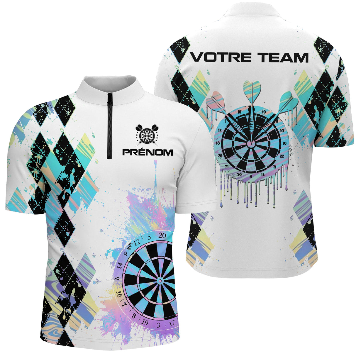 Polo Fléchettes Blanc – Cible Artistique & Motif Arlequin - Polo Zippé Homme