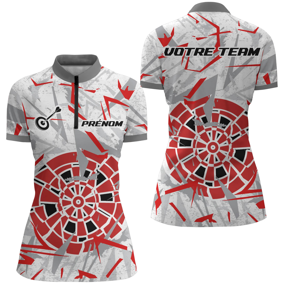 Polo Fléchettes Blanc Gris - Design Impact Rouge - Polo Zippé Femme