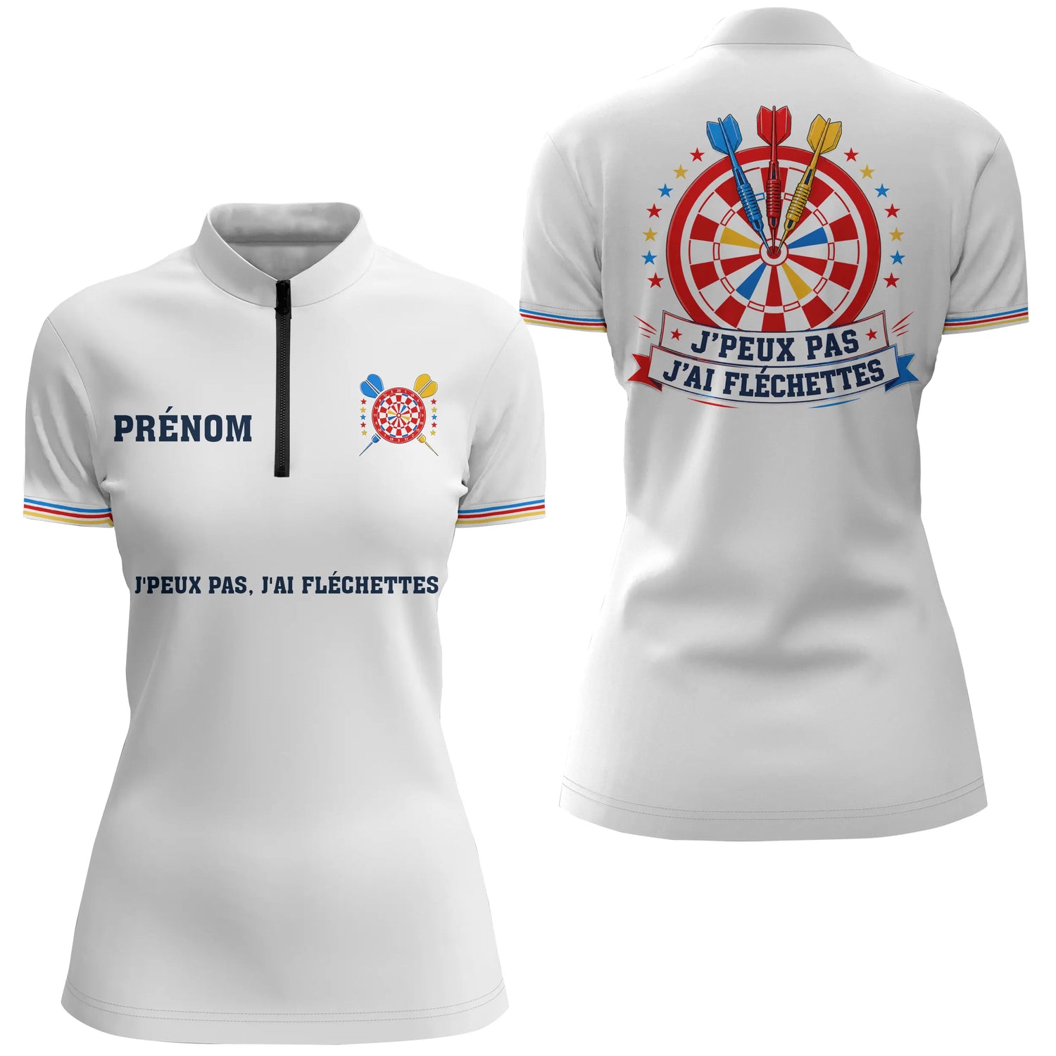 Polo Fléchettes Blanc Personnalisé – Cible Colorées Col Rayé - Polo Zippé Femme