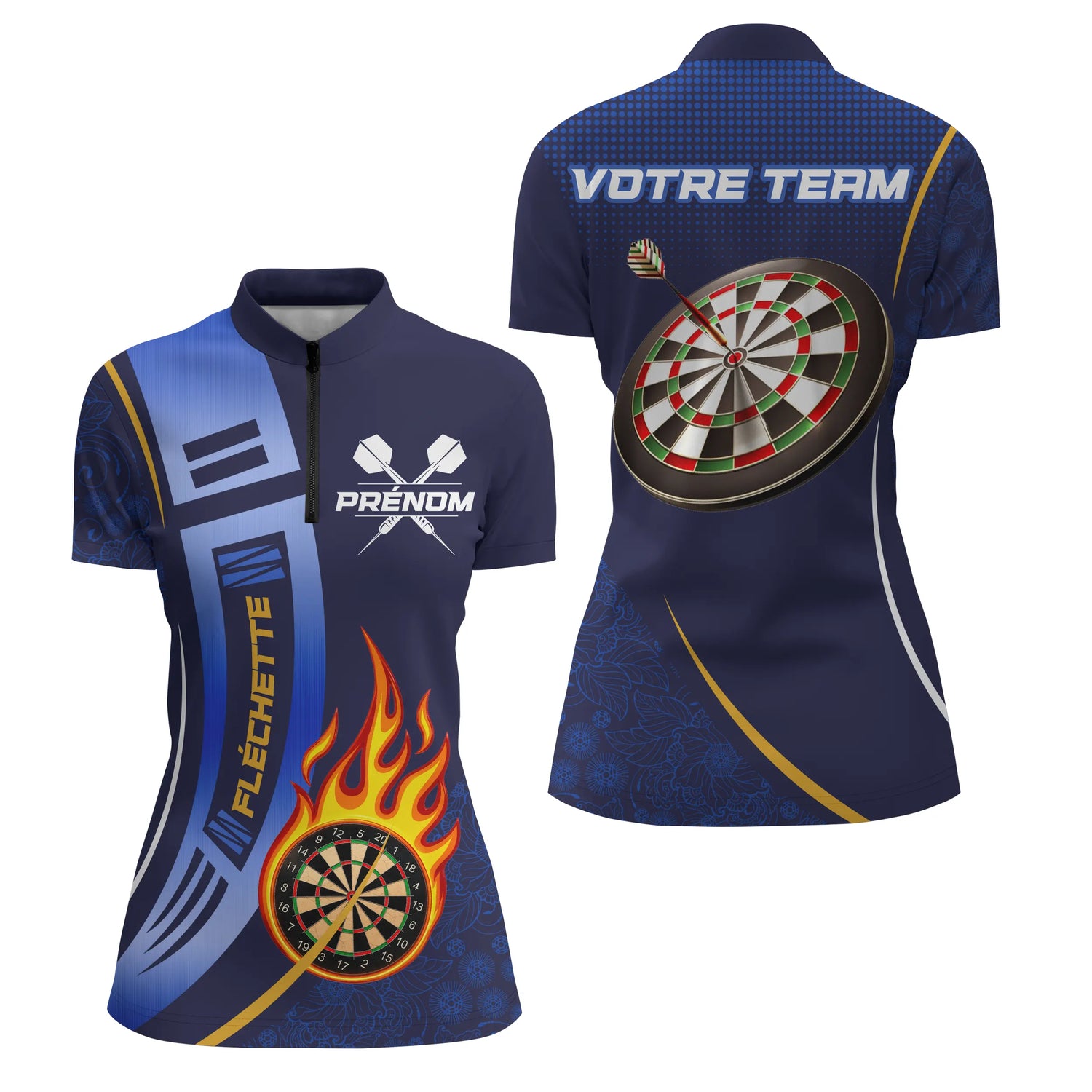 Polo Fléchettes Bleu Marine - Design Flamme Personnalisé - Polo Zippé Femme