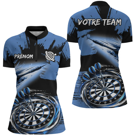 Polo Fléchettes Bleu Noir - Effet Pinceau Personnalisé - Polo Zippé Femme