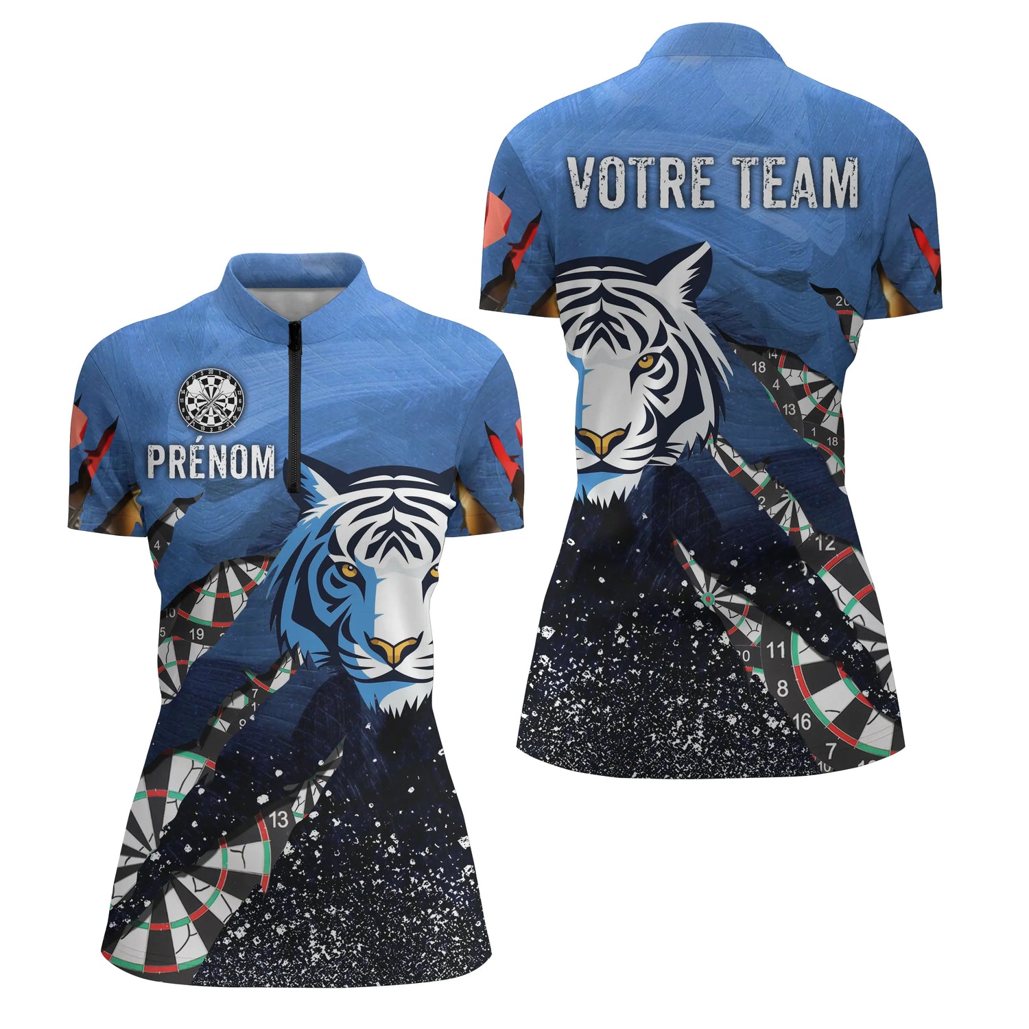 Polo Fléchettes Bleu Océan - Style Tigre Personnalisé - Polo Zippé Femme