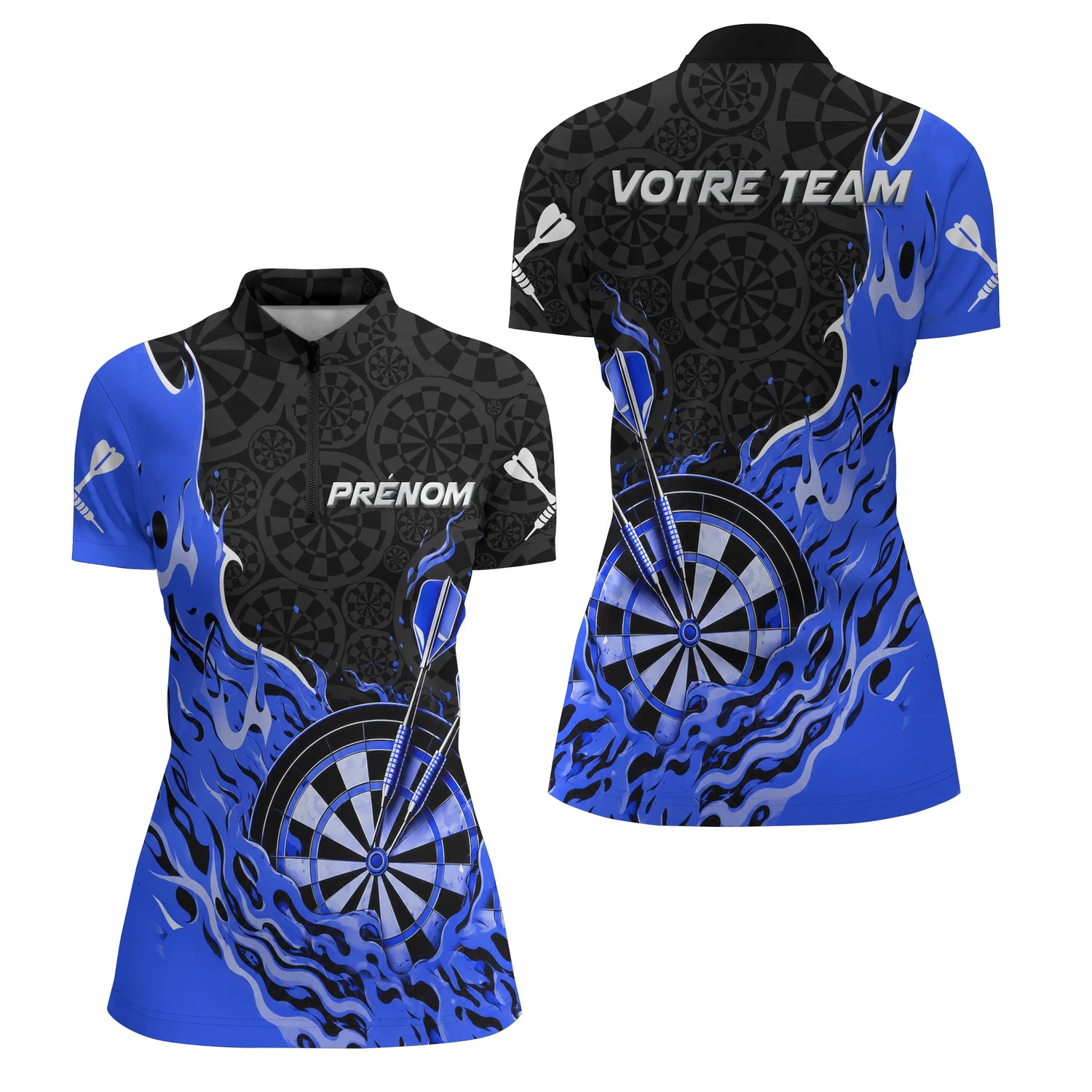 Polo Fléchettes Bleu Personnalisé - Design Flammes Performance - Polo Zippé Femme