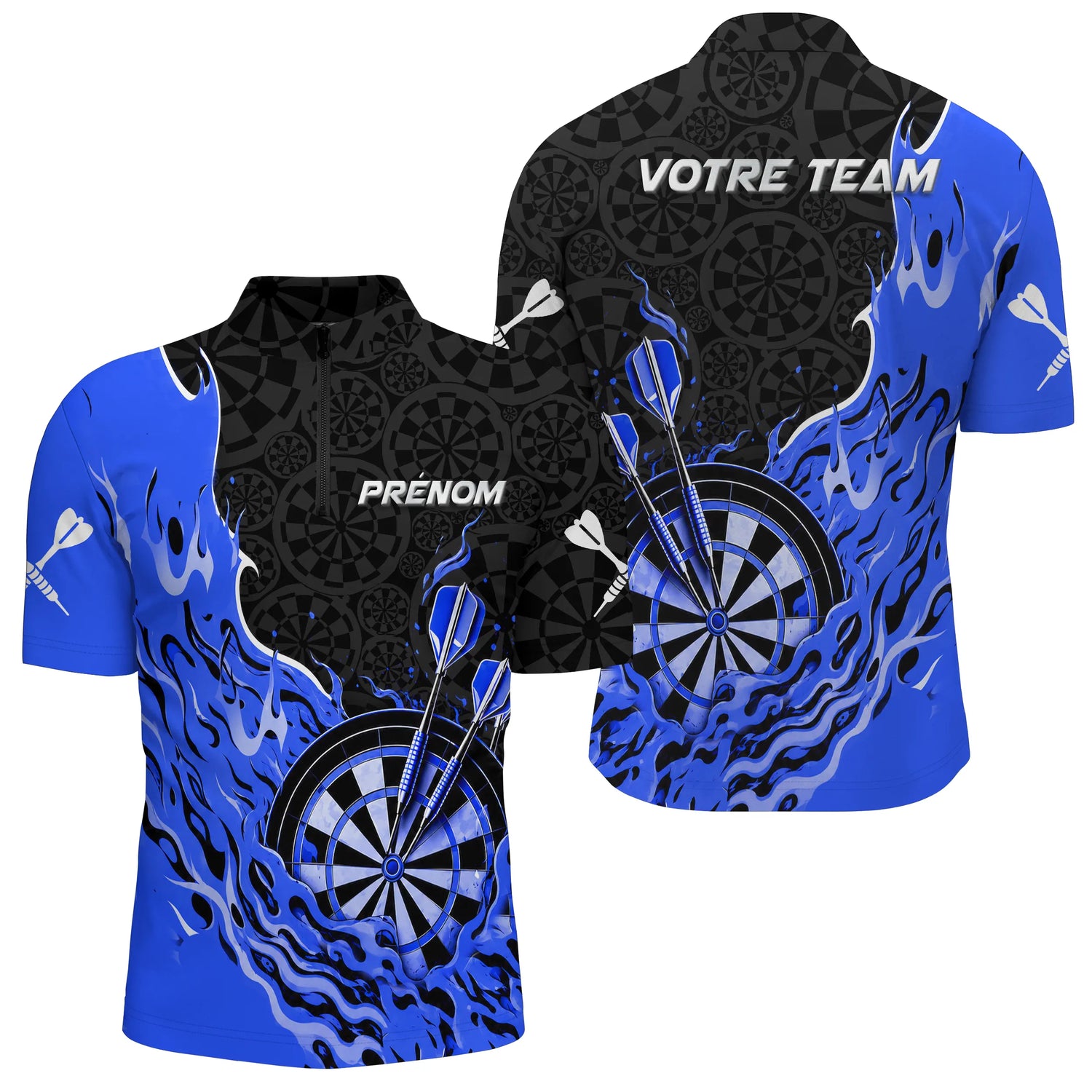 Polo Fléchettes Bleu Personnalisé - Design Flammes Performance - Polo Zippé Homme