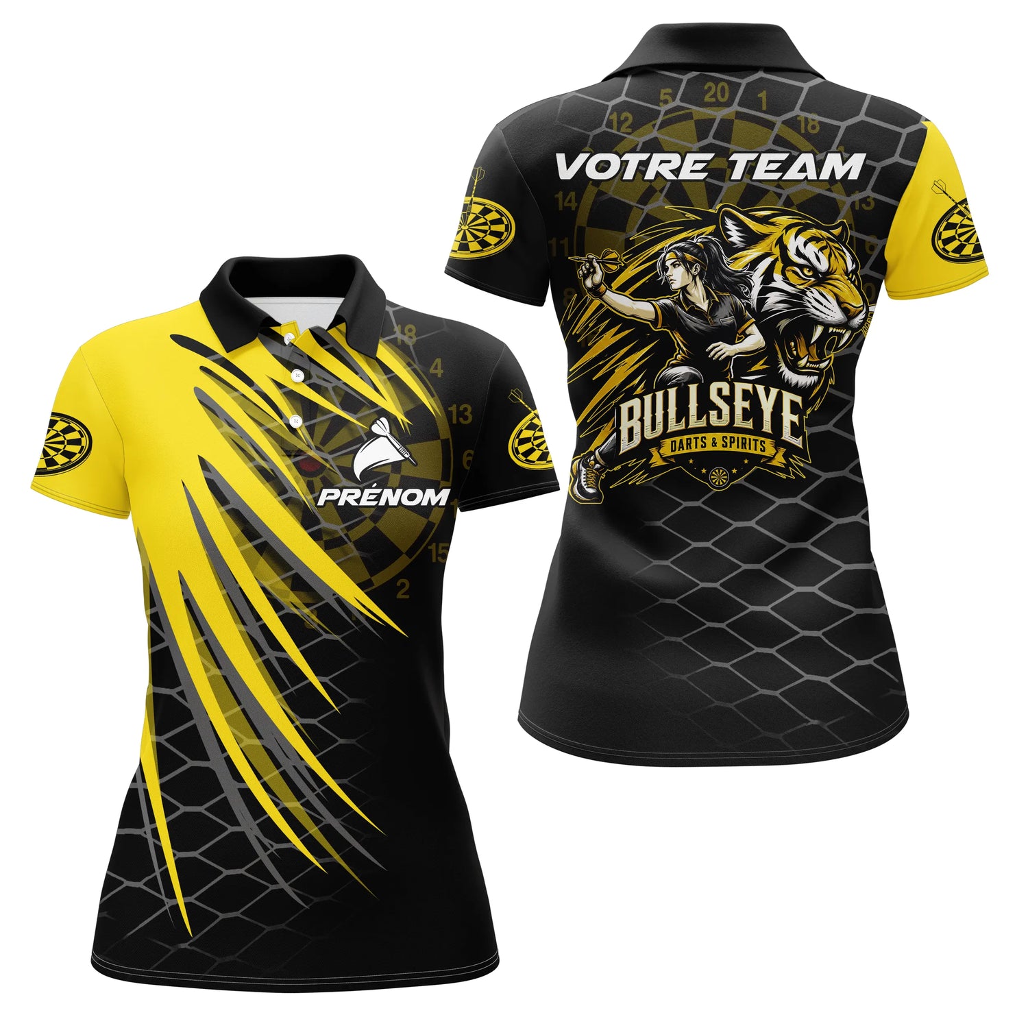 Polo Fléchettes Bullseye Personnalisé - Tigre Noir Jaune - Polo Femme