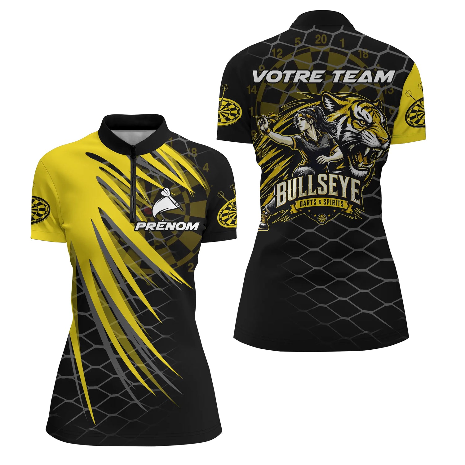 Polo Fléchettes Bullseye Personnalisé - Tigre Noir Jaune - Polo Zippé Femme