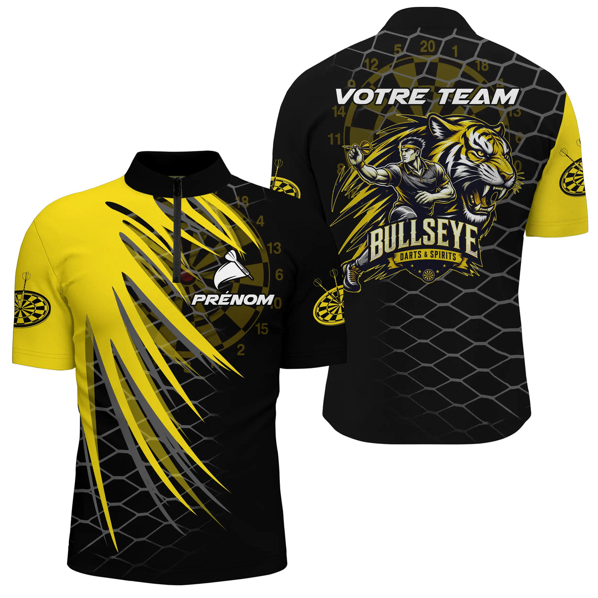Polo Fléchettes Bullseye Personnalisé - Tigre Noir Jaune - Polo Zippé Homme