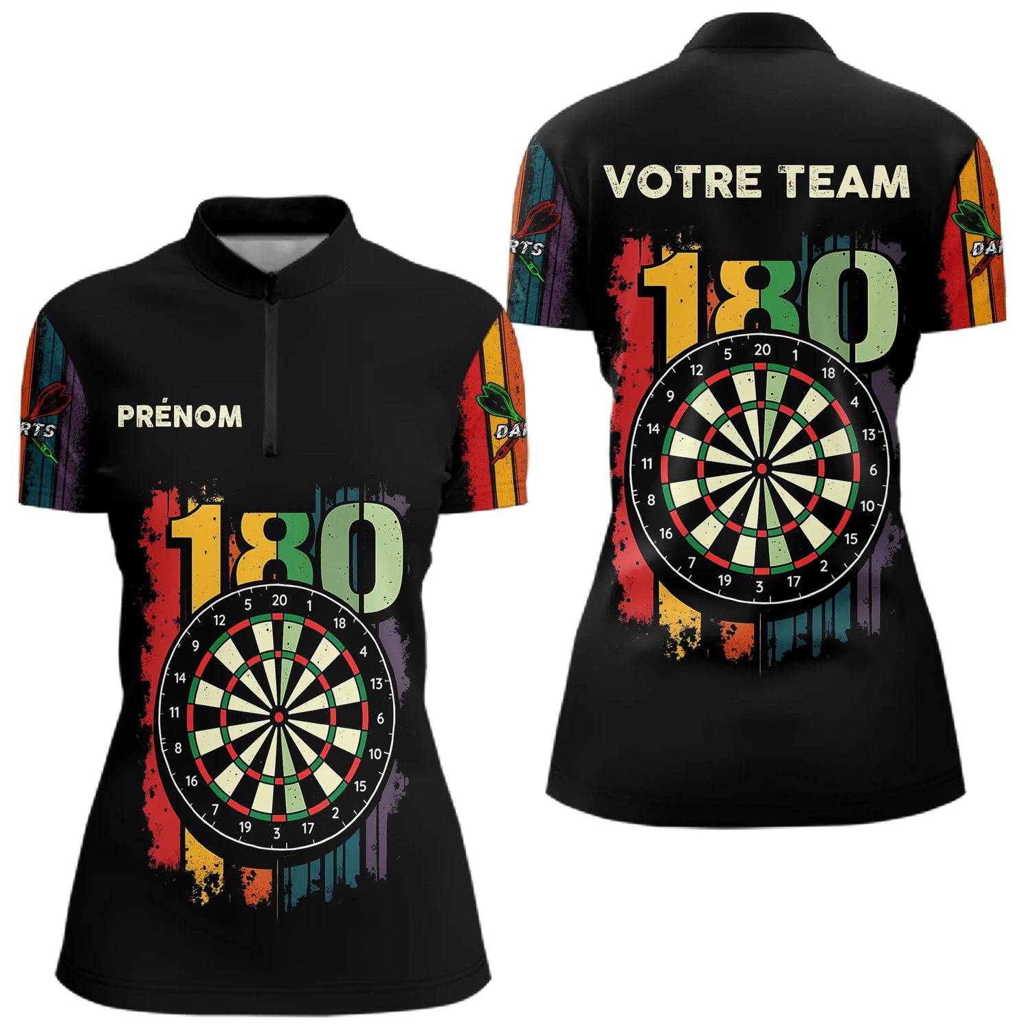 Polo Fléchettes Championnats - Retro 180 Noir Personnalisé - Polo Zippé Femme