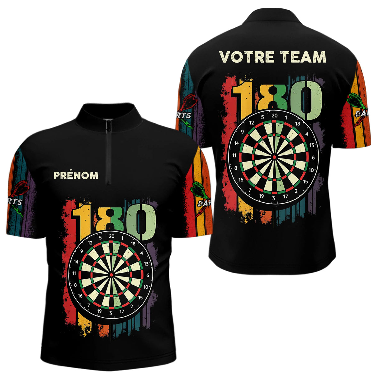 Polo Fléchettes Championnats - Retro 180 Noir Personnalisé - Polo Zippé Homme
