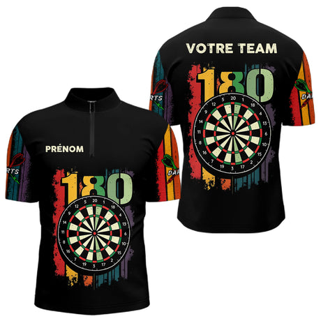 Polo Fléchettes Championnats - Retro 180 Noir Personnalisé - Polo Zippé Homme