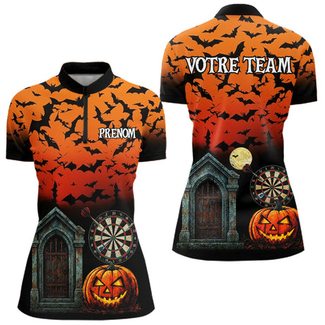 Polo Fléchettes Chauves-Souris & Crypte - Orange & Noir - Polo Zippé Femme