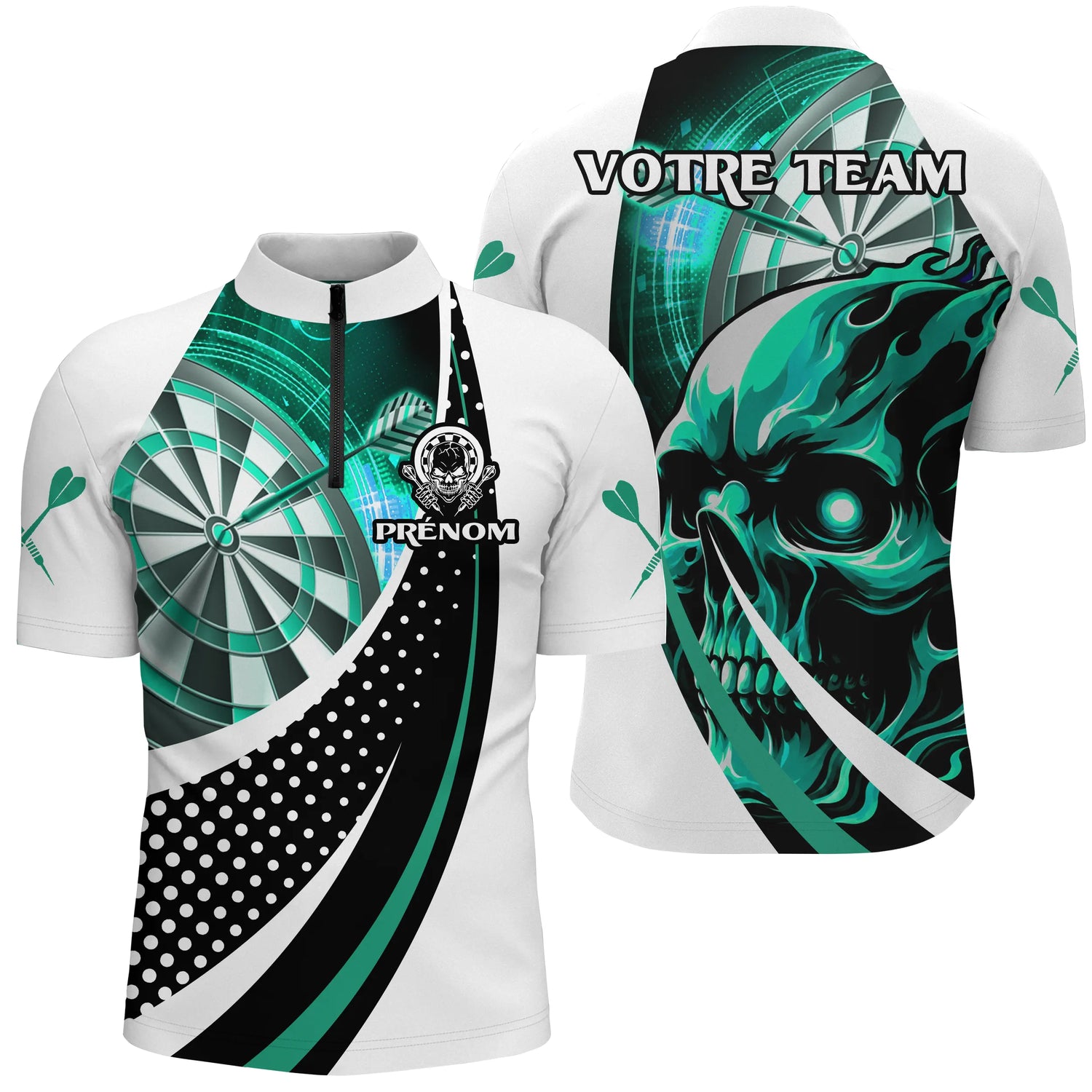 Polo Fléchettes Dark Fantasy - Tête de Mort Turquoise - Polo Zippé Homme