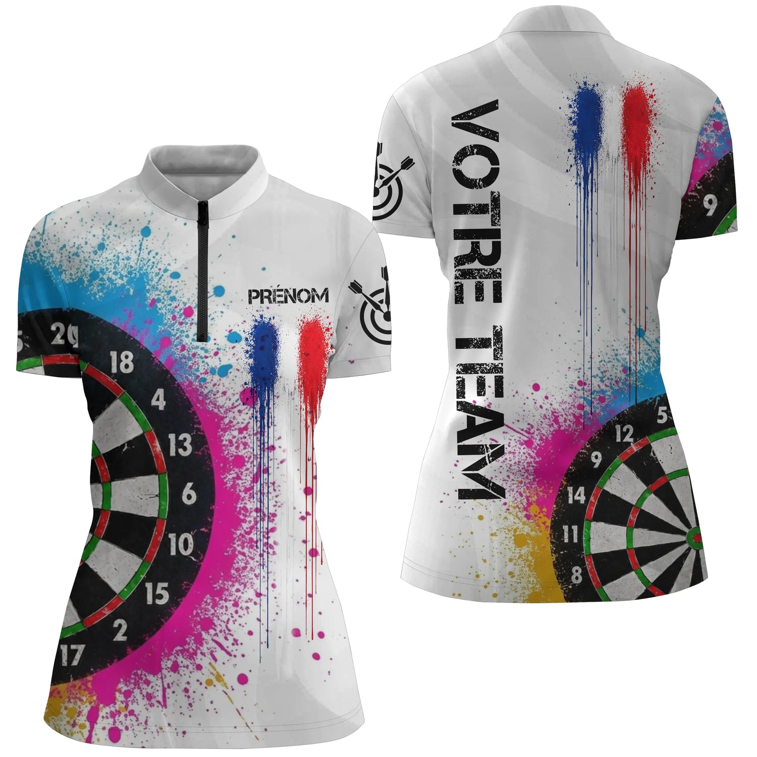 Polo Fléchettes Drapeau Français - Motif Tricolore Personnalisé - Polo Zippé Femme