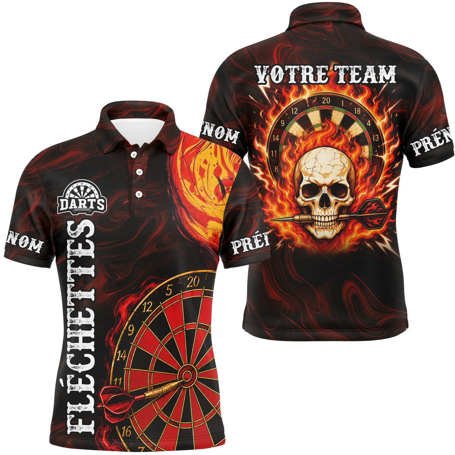 Polo Fléchettes Flammes & Tête de mort - Personnalisé Noir & Rouge - Polo Homme